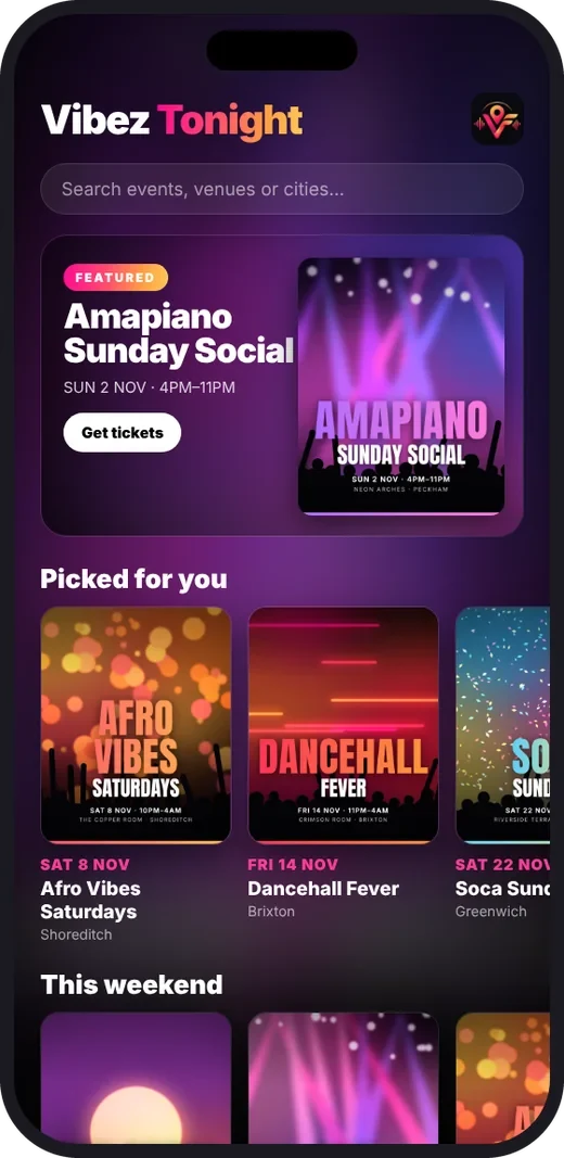 Vibez Finder home screen with featured events